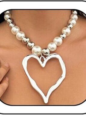 Big Chunky Silver Heart with Beads Statement Pendant Necklace Boho Trendy Y2K